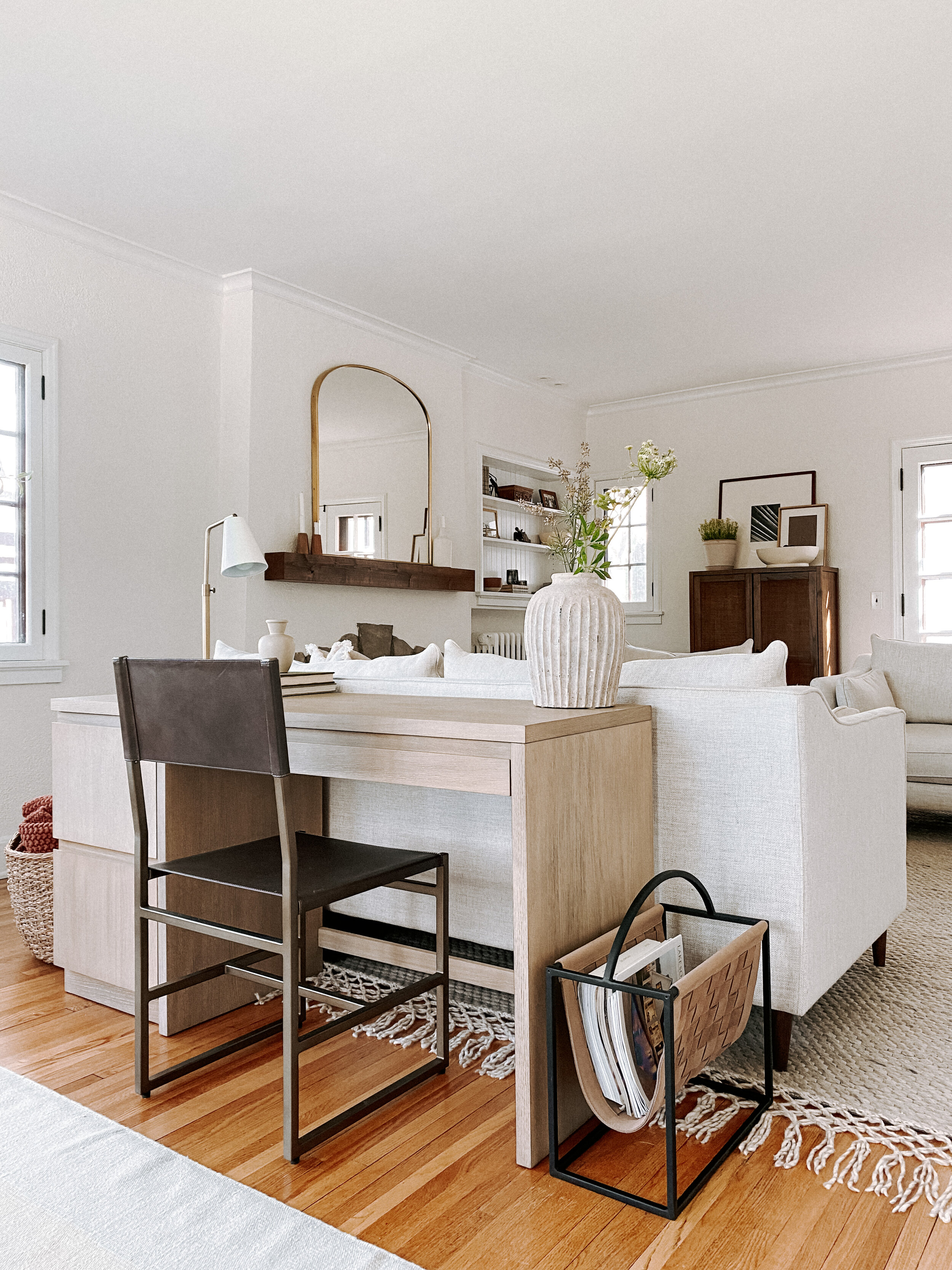 Pictured in photo: Pacific 2-Drawer File Cabinet; Pacific 40” Desk; Hardy Leather Chair; Suede Magazine Holder; Handcrafted Terra Cotta Vase