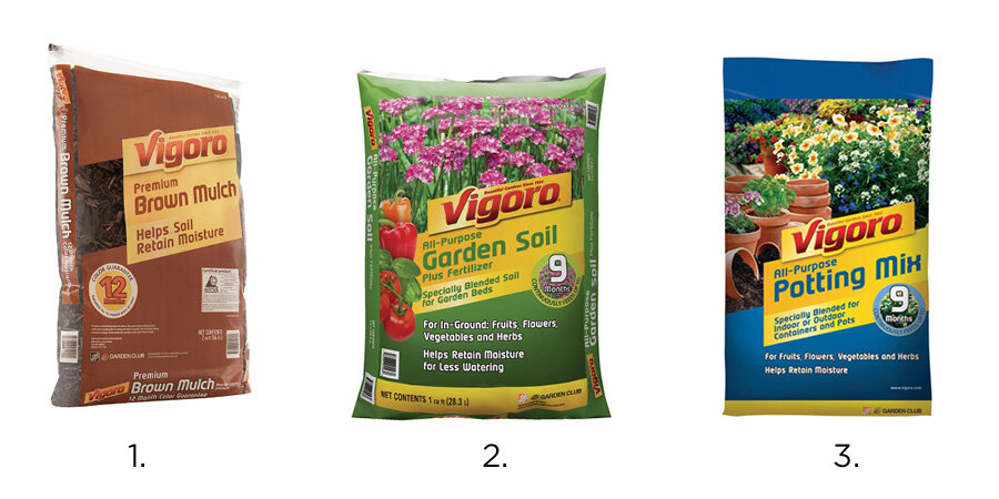 1. mulch | 2. garden soil | 3. potting mix