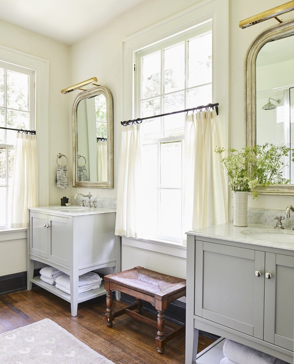 cafe curtains in bathroom with freestanding double vanity