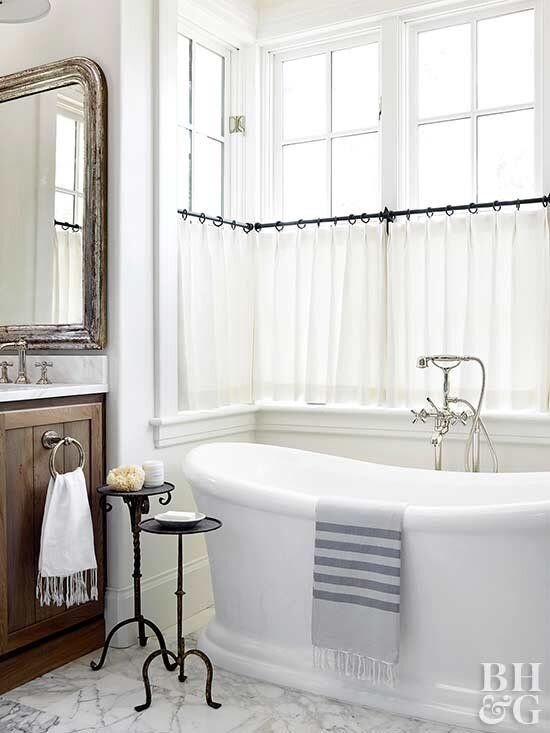 cafe curtains in bathroom with tub