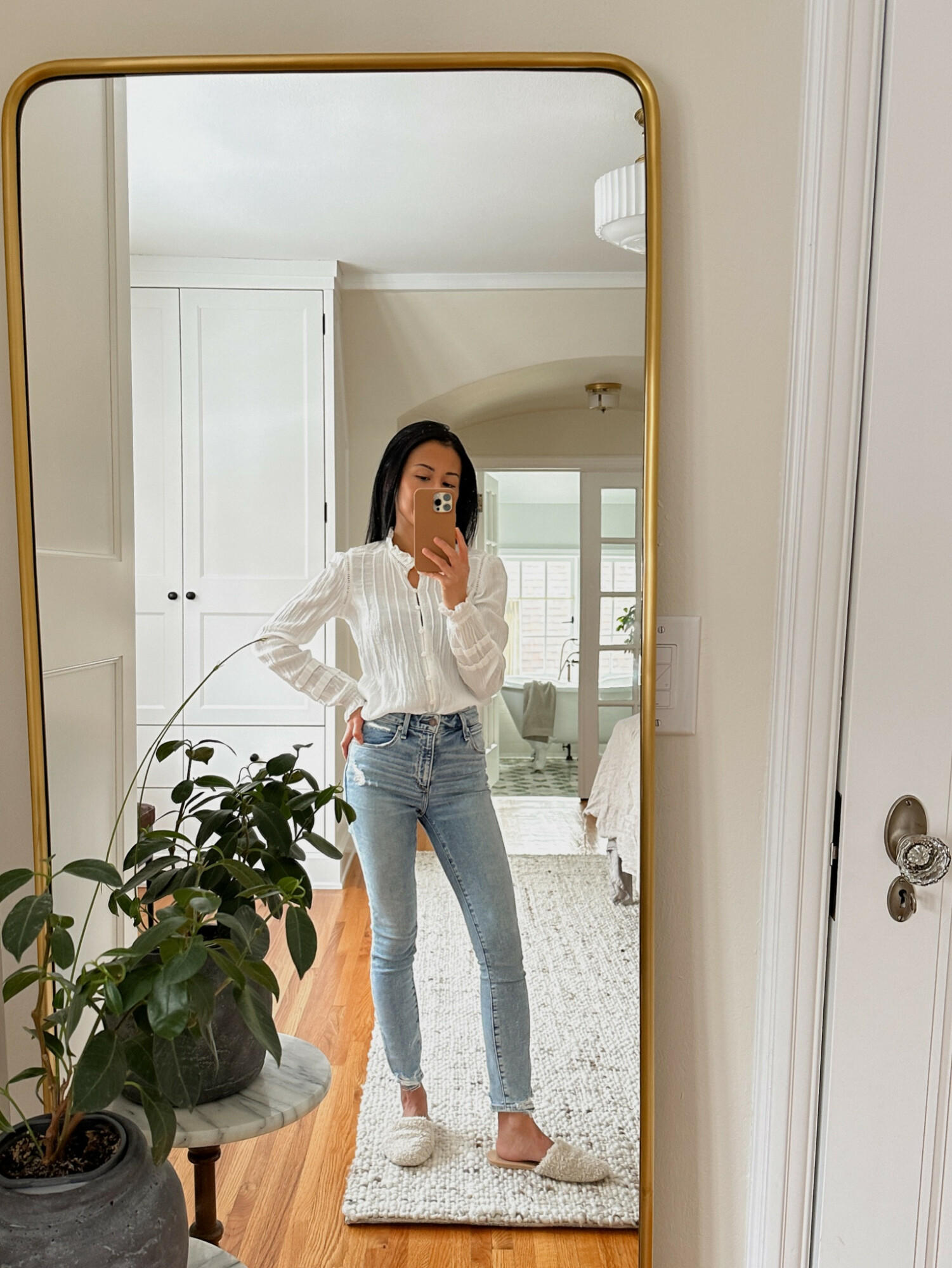 ootd. love this blouse top. comfy but looks like i put in some effort 😉. save this post and keep an out for my code with Faherty this week. #blouse #jeans #LTKFind #LTKsalealert